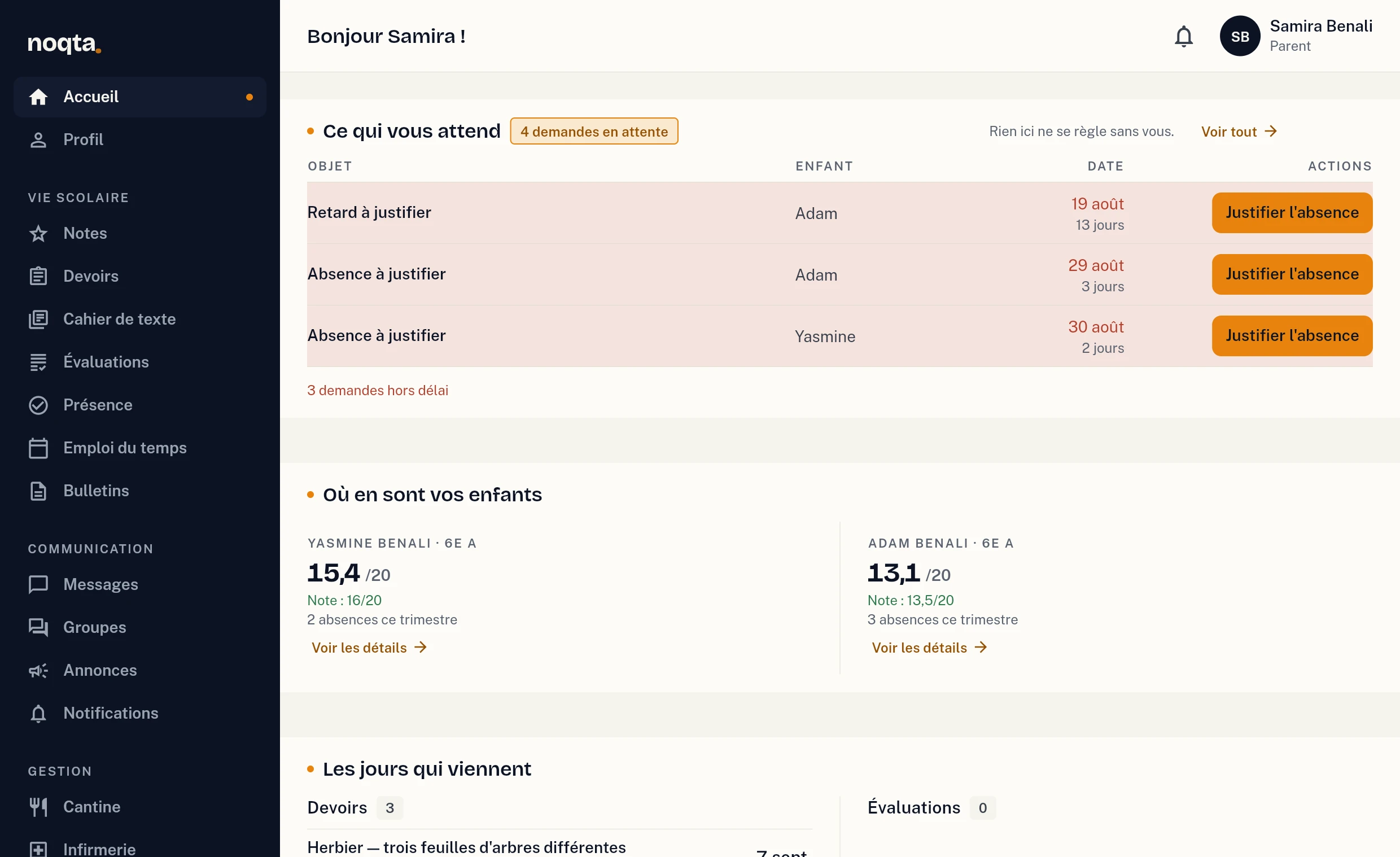 Espace parent de Noqta : les demandes en attente, la moyenne de chaque enfant, les devoirs et les évaluations à venir.